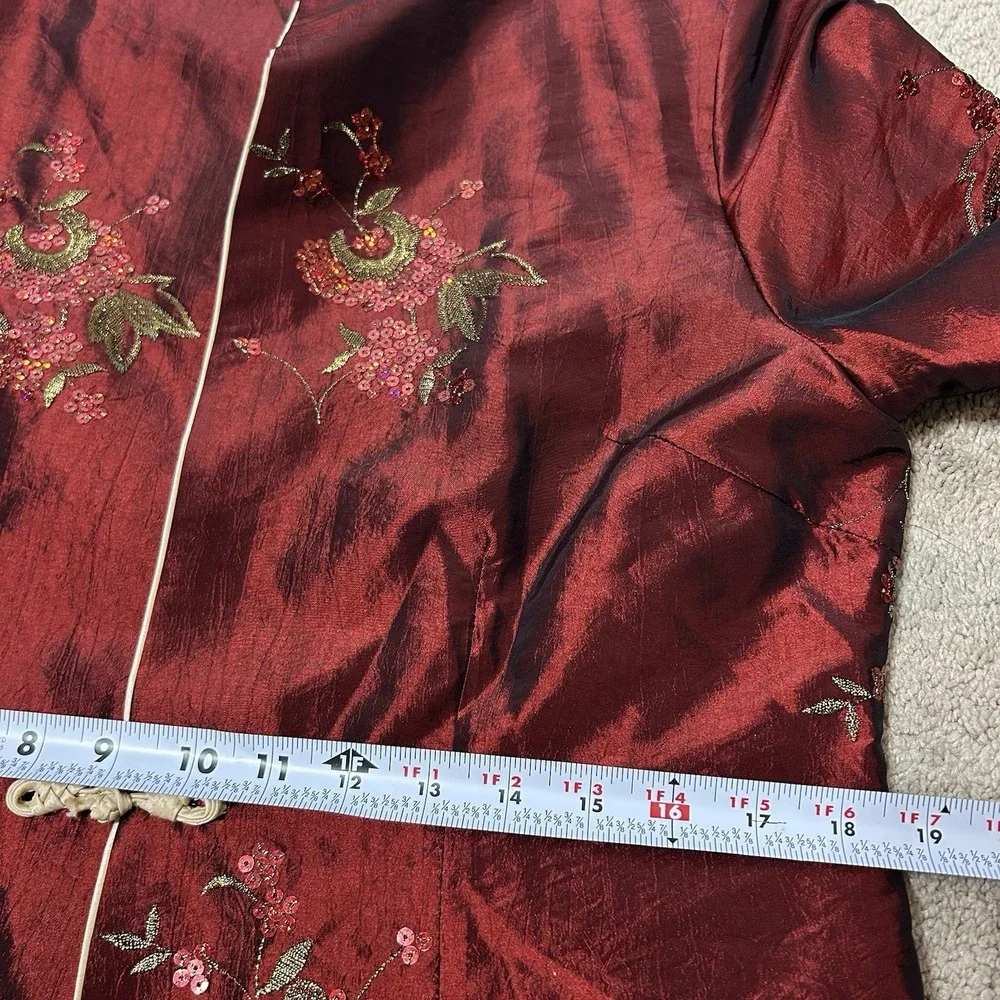 Vintage Asian‎ Kimono Jacket Chinese Red Silk Floral Sequin Embroidered Womens M